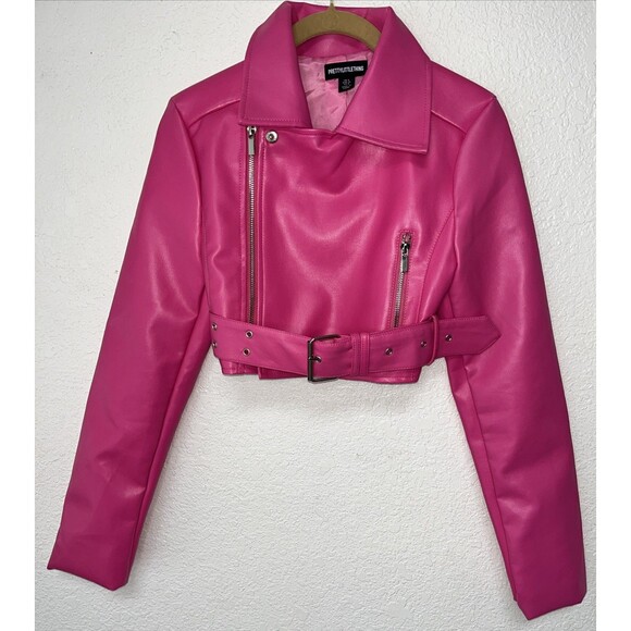 Pretty Little Thing Faux Leather Biker Jacket Women Size 4 Pink Full Zip Belted - Picture 1 of 9